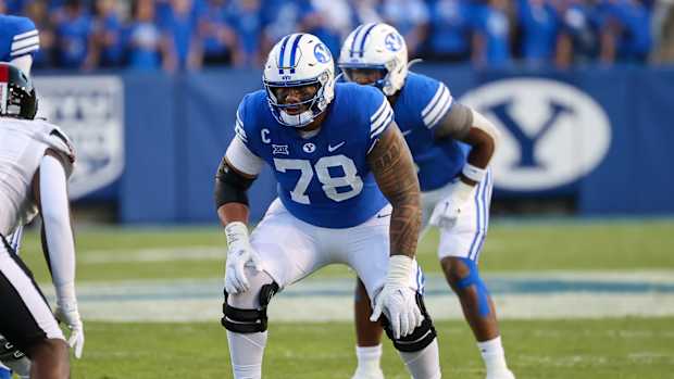 Oct 21, 2023; Provo, Utah, USA; Brigham Young Cougars offensive lineman Kingsley Suamataia (78) prepares to block against the Texas Tech Red Raiders in the first half at LaVell Edwards Stadium.